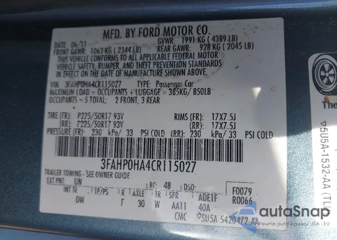 2012 Ford Fusion Se z USA, uszkodzony, nr VIN 3FAHP0HA4CR115027